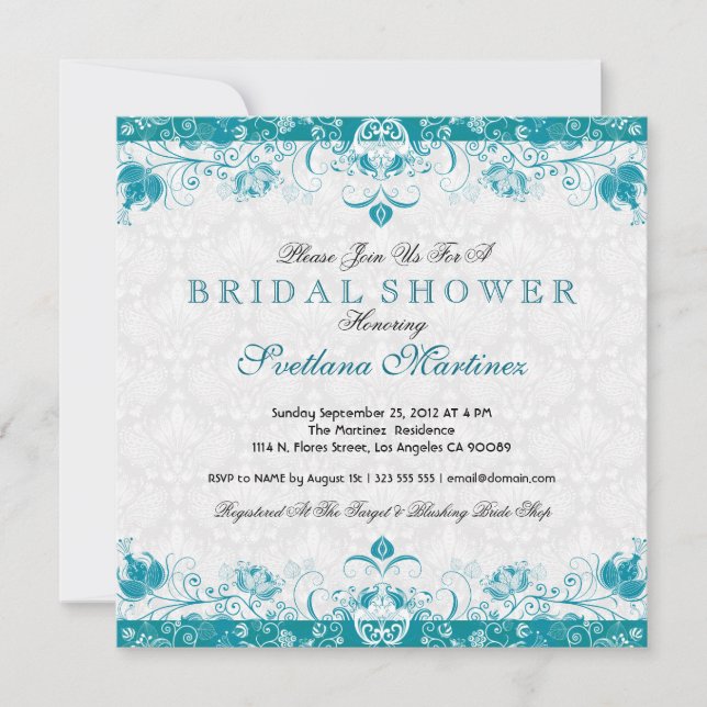 Turquoise & White Damask Bridal Shower Invitation (Front)