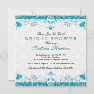 Turquoise & White Damask Bridal Shower Invitation
