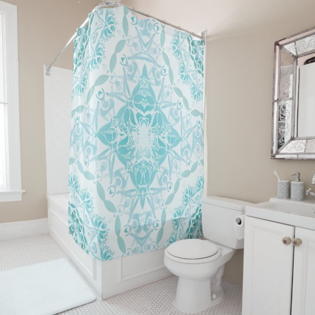 Turquoise White Damask Classic Shower Curtain (In Situ)