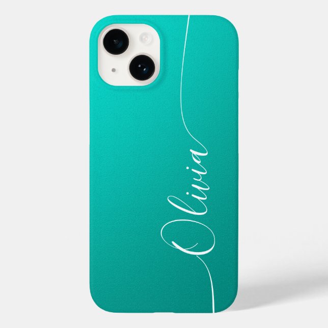 Turquoise White Elegant Calligraphy Script Name Case-Mate iPhone Case (Back)