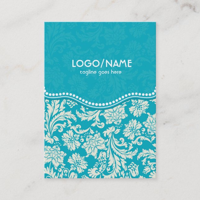 Turquoise & White Floral Damasks 2-Customised Business Card (Front)