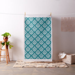 Turquoise & White Floral Damasks Geometric Pattern Fabric