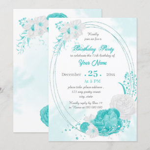 turquoise white floral geometric birthday party invitation