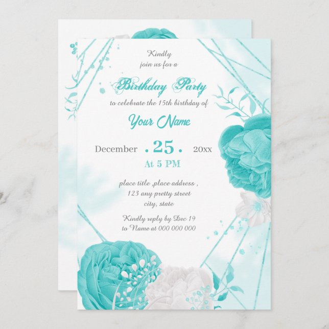 turquoise white floral geometric birthday party invitation (Front/Back)
