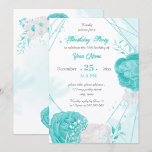 turquoise white floral geometric birthday party invitation