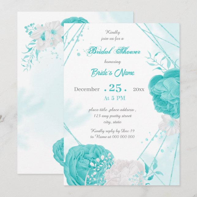 turquoise white floral geometric bridal shower invitation (Front/Back)