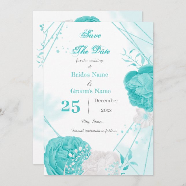 turquoise white floral geometric  save the date (Front/Back)