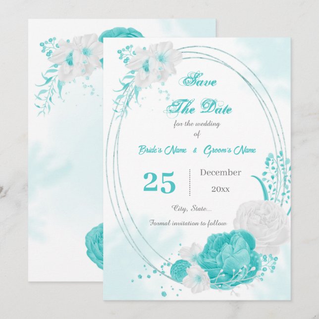 turquoise white floral geometric save the date (Front/Back)