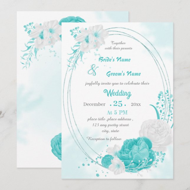 turquoise white floral geometric wedding invitation (Front/Back)