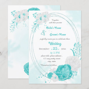 turquoise white floral geometric wedding invitation