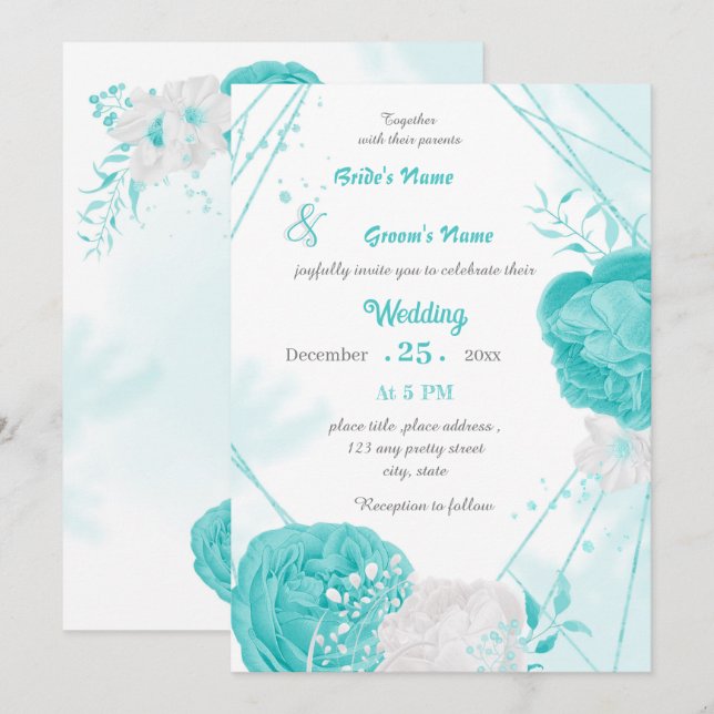 turquoise white floral geometric wedding invitation (Front/Back)