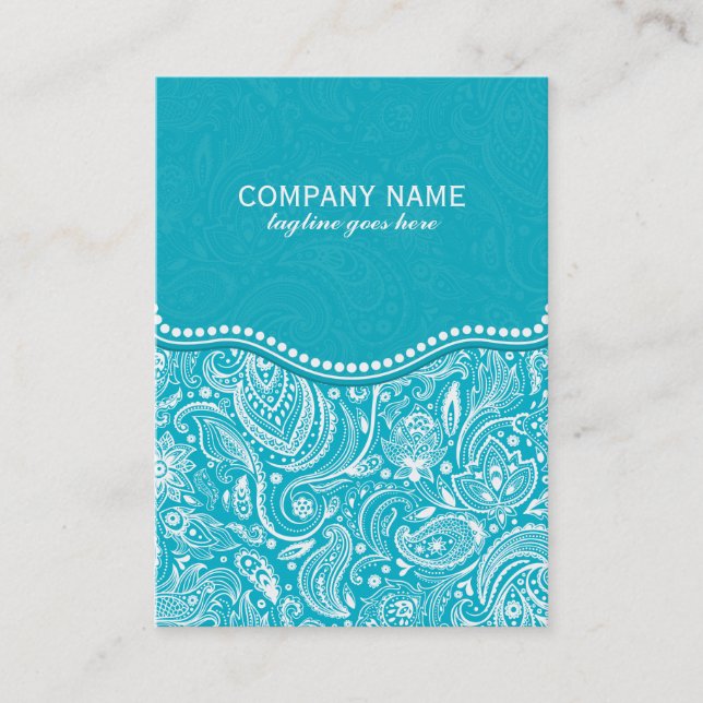 Turquoise & White Floral Paisley Damasks Pattern 2 Business Card (Front)