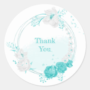turquoise white floral wedding classic round sticker
