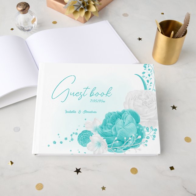 turquoise white floral wedding guest book (Front Open)