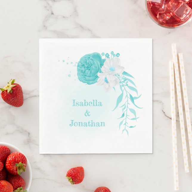 turquoise white floral wedding  napkin (Insitu)