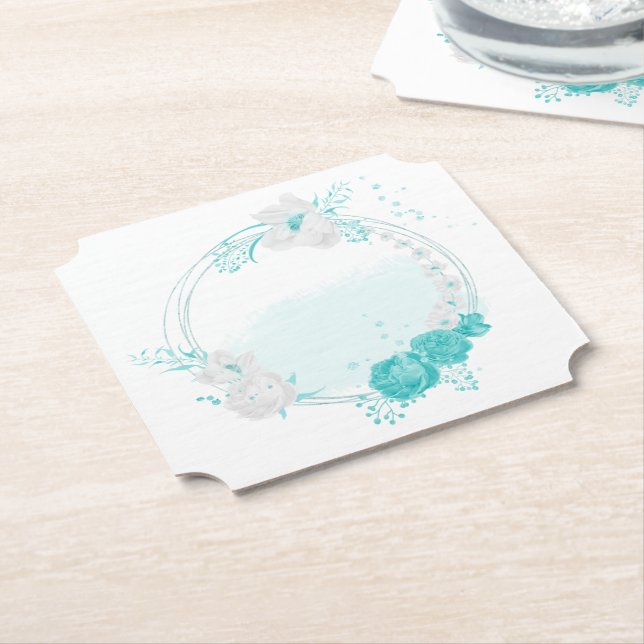 turquoise white floral wedding paper coaster (Angled)
