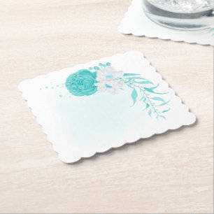turquoise white floral wedding paper coaster