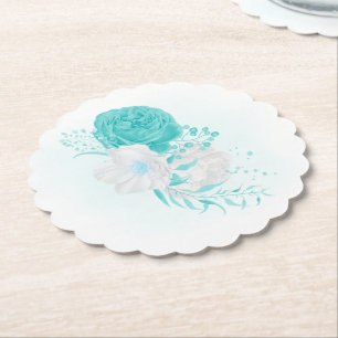 turquoise white floral wedding paper coaster