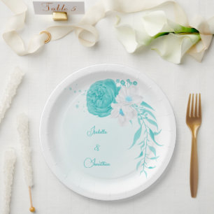 turquoise white floral wedding paper plate