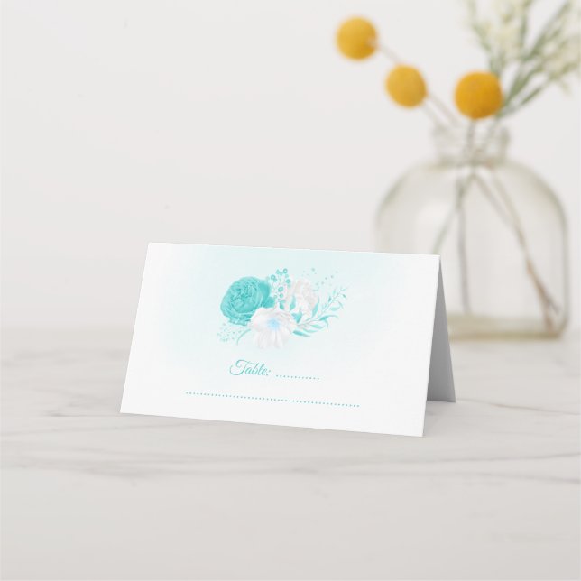 turquoise white floral wedding  place card (Front)