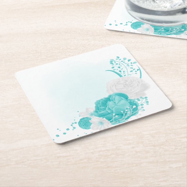 turquoise white floral wedding square paper coaster (Angled)