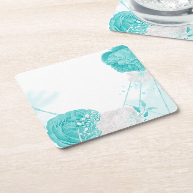 turquoise white floral wedding square paper coaster (Angled)