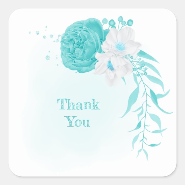 turquoise white floral wedding square sticker (Front)