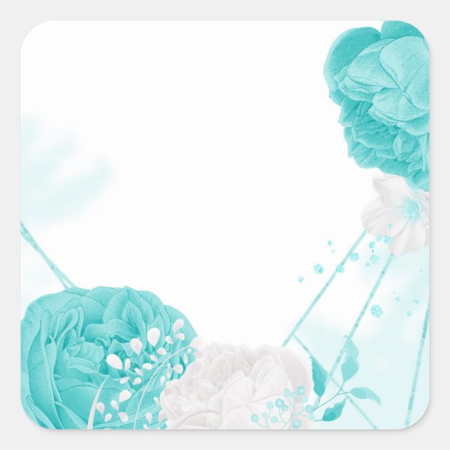 turquoise white floral wedding  square sticker (Front)