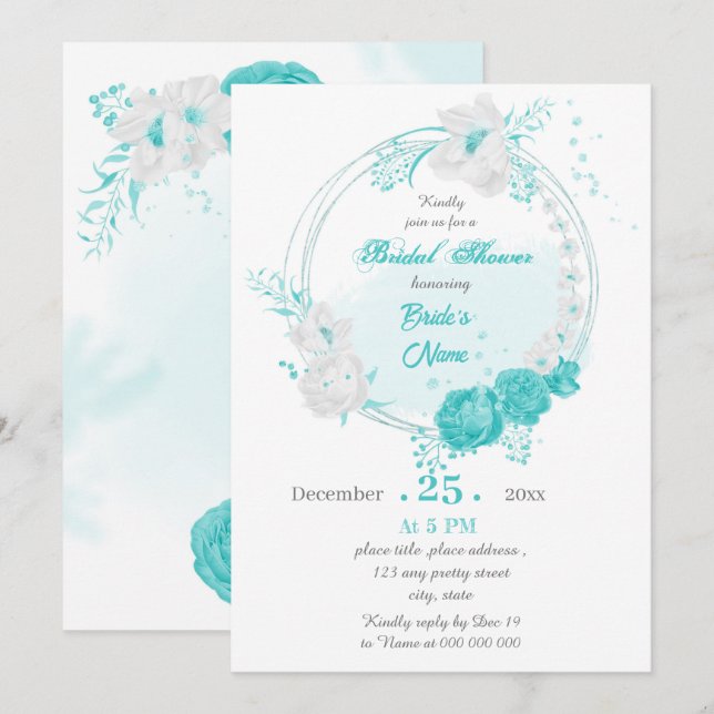 turquoise white floral wreath bridal shower invitation (Front/Back)