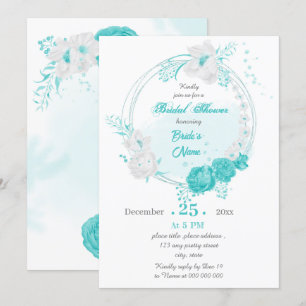 turquoise white floral wreath bridal shower invitation