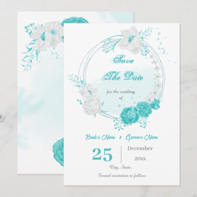 turquoise white floral wreath  save the date (Front/Back)