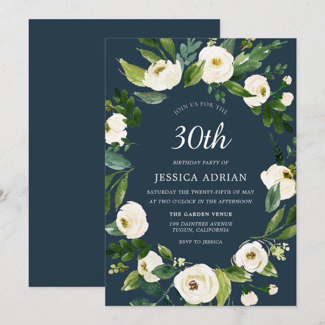 Turquoise White Flower 30th Birthday Invite (Front/Back)