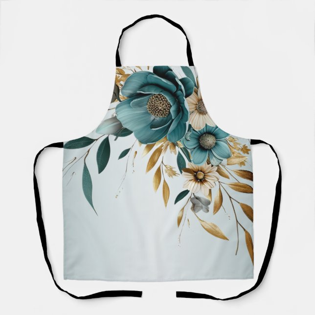 Turquoise White Flower Golden Leaves Elegant Apron (Front)
