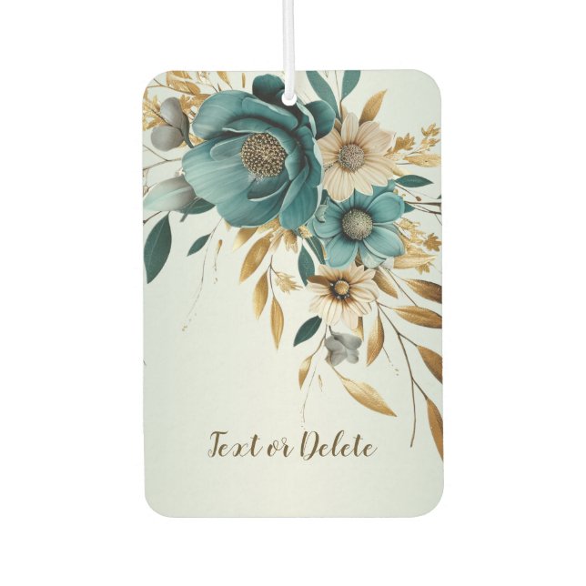 Turquoise White Flower Golden Leaves Elegant Car Air Freshener (Front)