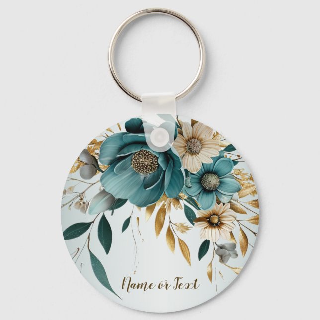 Turquoise White Flower Golden Leaves Elegant Key Ring (Front)