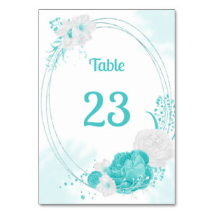 turquoise white flowers botanical wreath table number