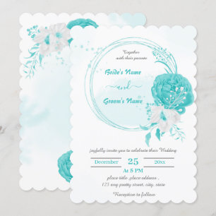 turquoise & white flowers botanical wreath wedding invitation