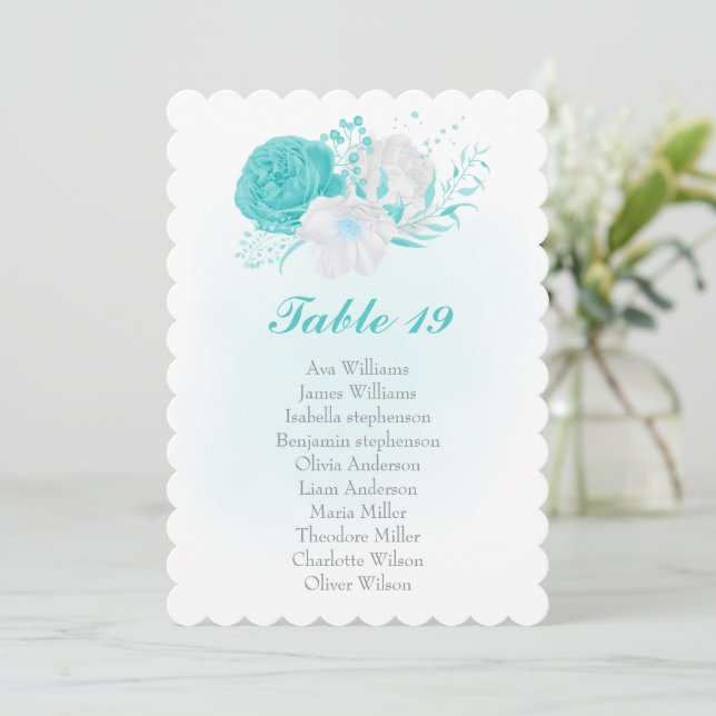 turquoise & white flowers seating chart card (Standing Front)