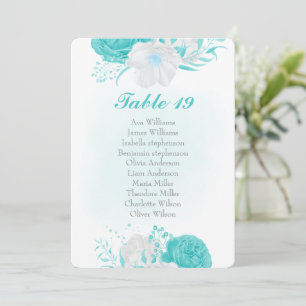 turquoise white flowers seating chart card
