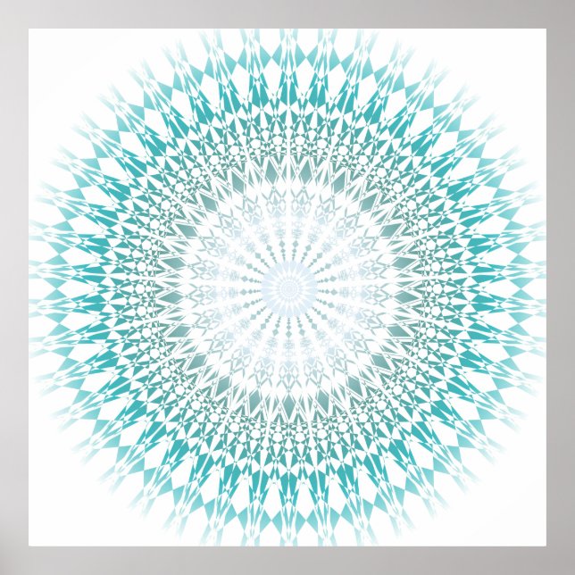 Turquoise White Geometric Modern Mandala Poster (Front)