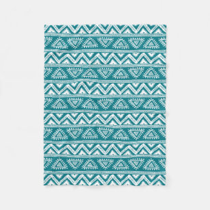 Turquoise & White Geometric Tribal Pattern Fleece Blanket