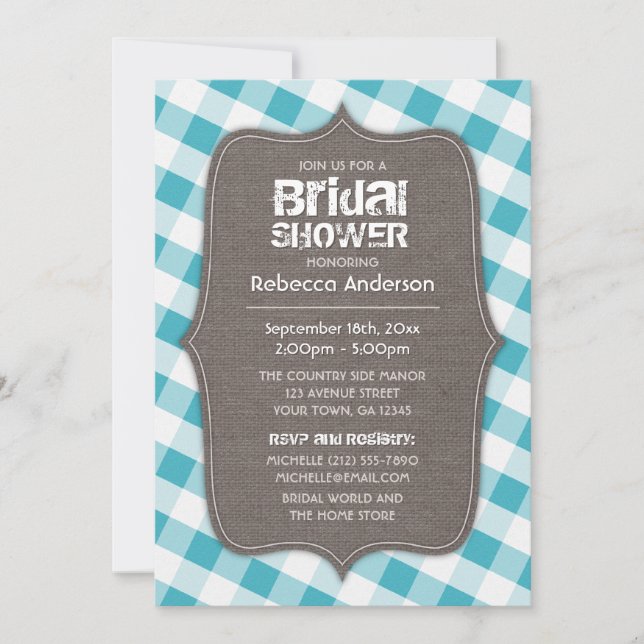 Turquoise & White Gingham Canvas Bridal Shower Invitation (Front)