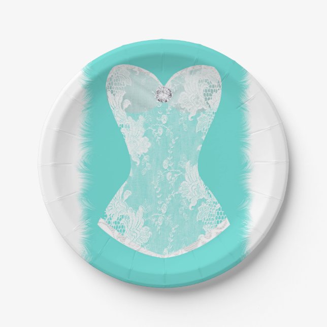 Turquoise & White Glam Lingerie Shower Party Paper Plate (Front)