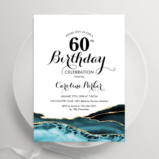 Turquoise White Gold Agate 60th Birthday Invitation (Creator Uploaded)