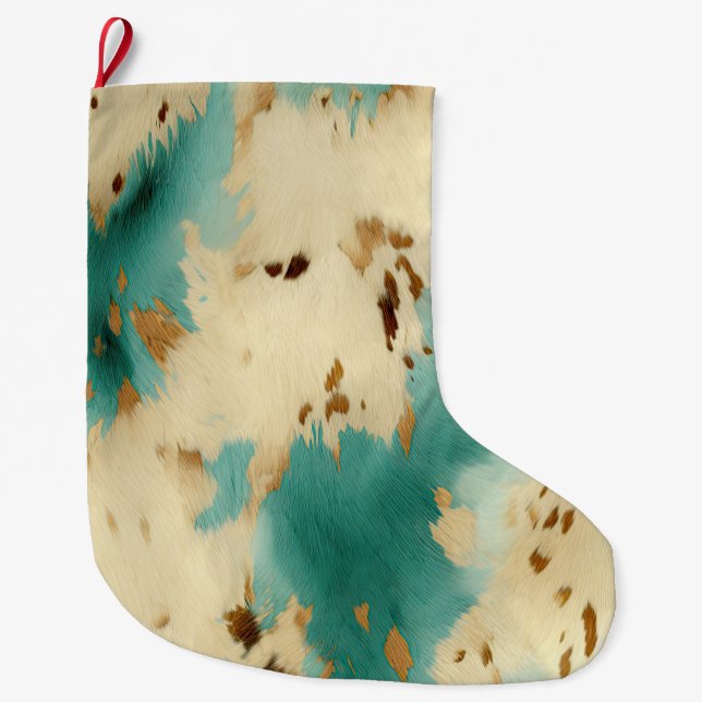 Turquoise White Gold Cowhide Large Christmas Stocking (Front)