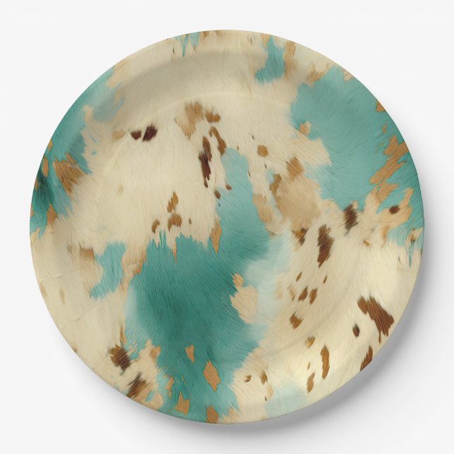 Turquoise White Gold Cowhide Paper Plate (Front)