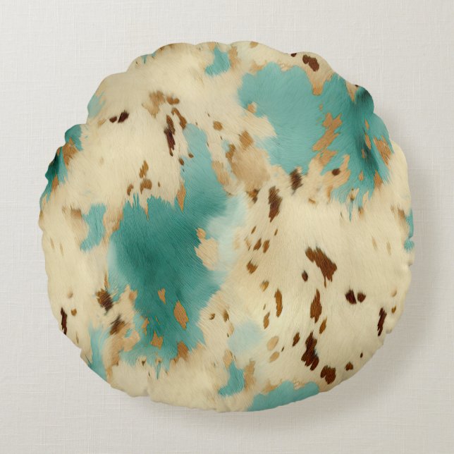 Turquoise White Gold Cowhide Round Cushion (Front)