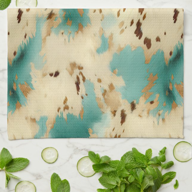 Turquoise White Gold Cowhide Tea Towel (Folded)