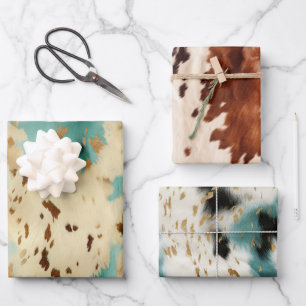Turquoise White Gold Cowhide Wrapping Paper Sheet
