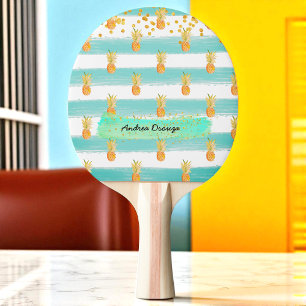 Turquoise White Gold Pineapple Summer Ping Pong Paddle